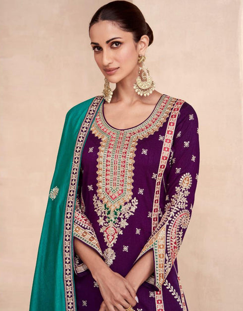 Designer Function Wear Heavy Readymade Salwar Suit Collection Purple Premium Silk Palazzo Straight Close-up View